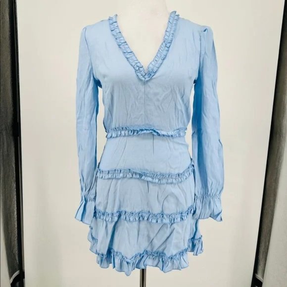 Blue Long Sleeve V-Neck Open Back Backless Mini Dress - Picture 11 of 13